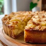 ['Close-up view of a slice of Omas Apfelkuchen with Streusel on a plate.', 'Side view of a homemade apple crumble cake with golden streusel topping.', 'Juicy apple pie slice displaying thin apple slices and crumbly topping.', 'Detailed shot of Omas Apfelkuchen highlighting apples and streusel crust.']