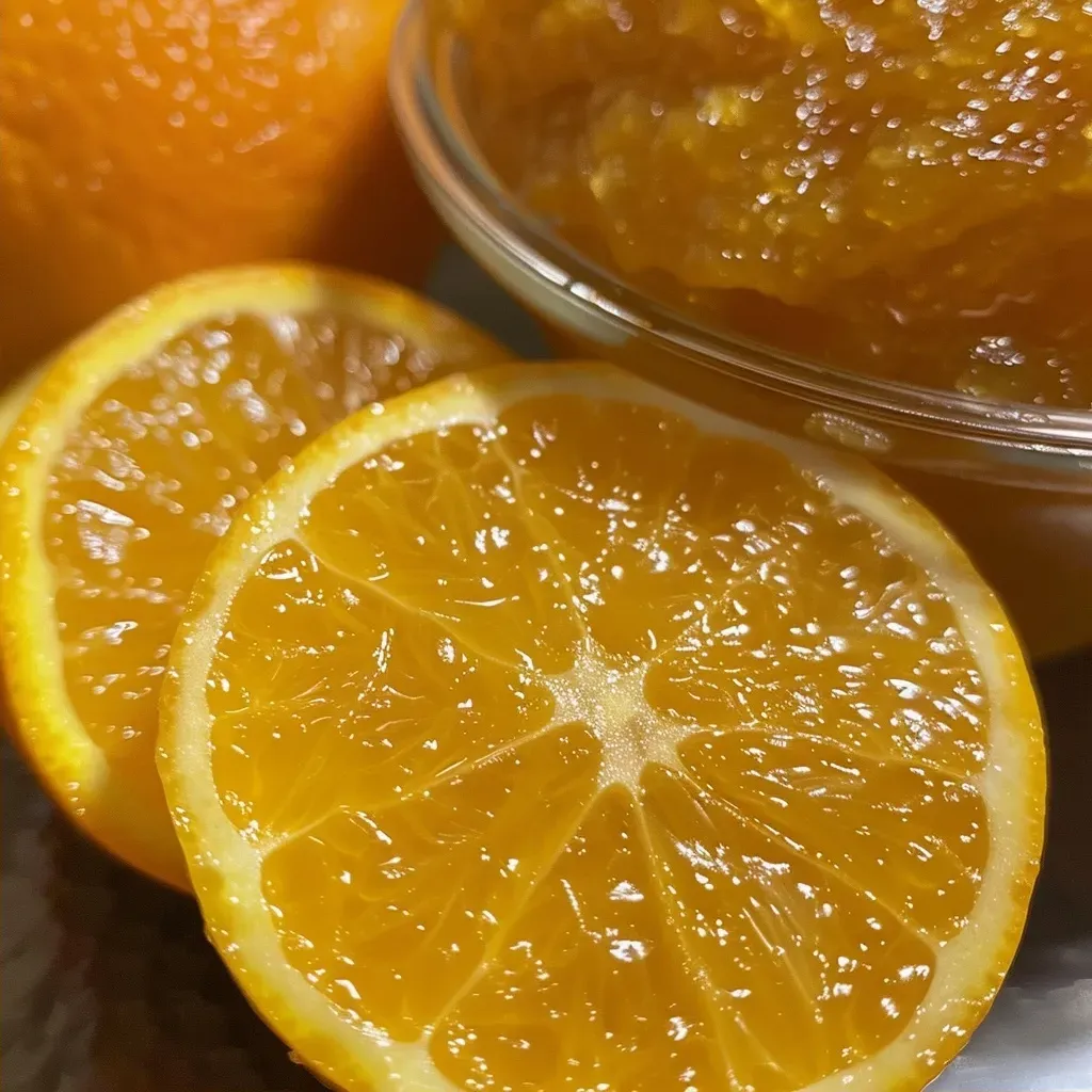 ['Close-up view of a jar of orange marmalade with a glossy finish, showcasing its vibrant orange color.', 'Side view of a container filled with homemade orange marmalade, highlighting its chunky texture.', 'Detailed shot of orange marmalade in a jar, reflecting light and emphasizing its rich, golden hue.', 'Close-up of a spoonful of orange marmalade, showing the zest and bits of orange peel throughout.']