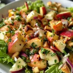 ['Close-up view of a vibrant raw salad featuring parsnip, apple, and carrot.', 'Side angle of a fresh dish showcasing ingredients like parsnip, apple, and carrot.', 'Detail shot of a colorful salad made with raw parsnip, carrot, and apple slices.', 'Close-up of a nutritious salad with parsnip, apple, and carrot, garnished with nuts.']