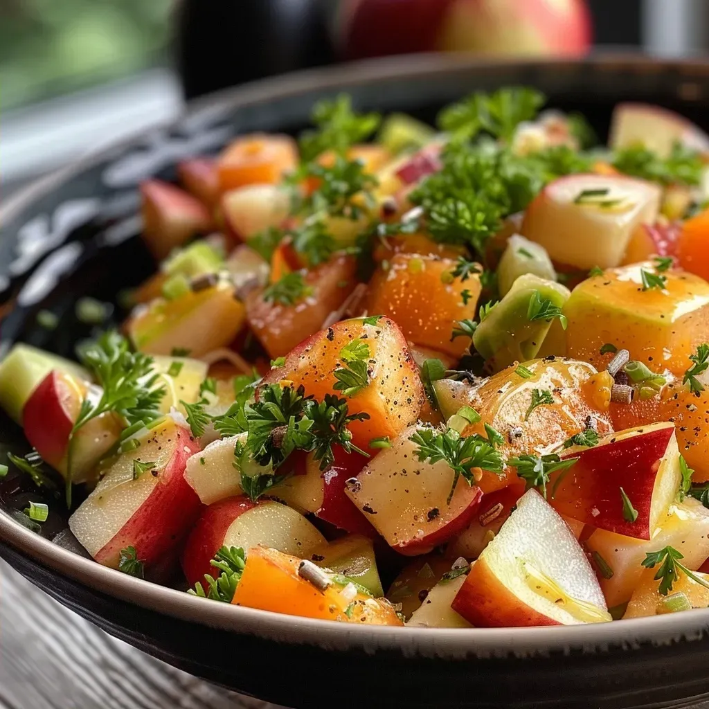 ['Close-up view of a vibrant raw salad featuring parsnip, apple, and carrot.', 'Side angle of a fresh dish showcasing ingredients like parsnip, apple, and carrot.', 'Detail shot of a colorful salad made with raw parsnip, carrot, and apple slices.', 'Close-up of a nutritious salad with parsnip, apple, and carrot, garnished with nuts.']