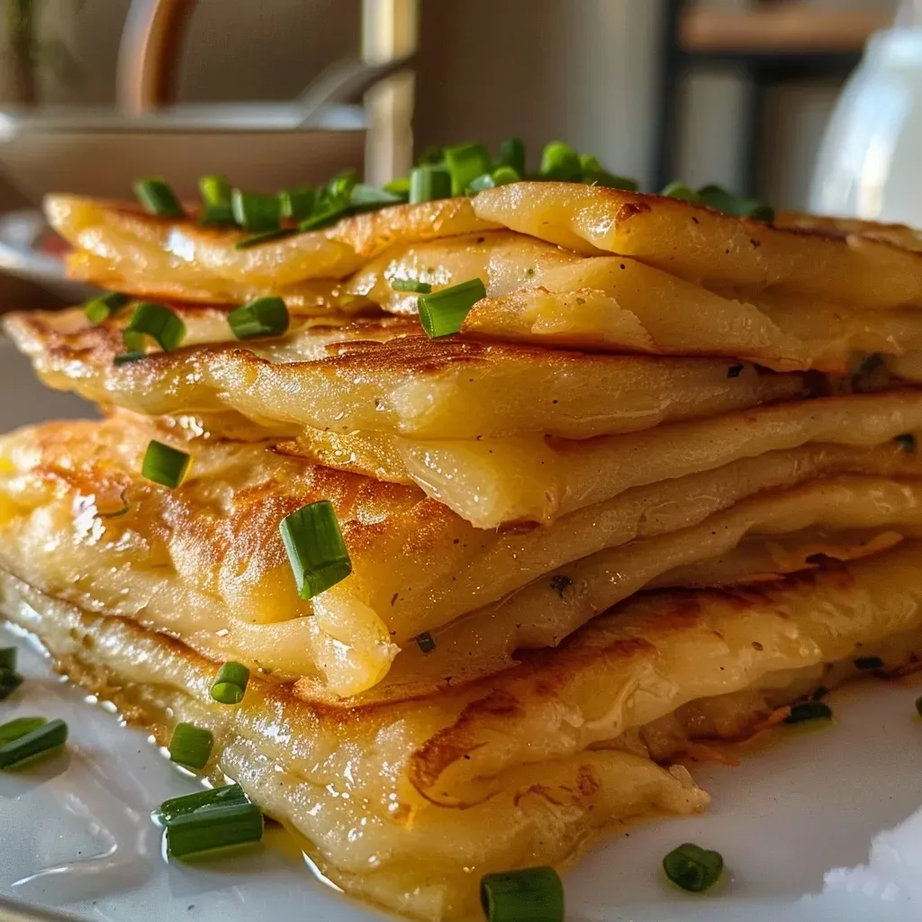 ['Close-up view of golden-brown Chinese pancakes filled with green onions.', 'Side angle shot of delicious Pfannkuchen with a crispy texture and visible onion filling.', 'Juicy Chinese pancakes stacked, showcasing the vibrant green onion pieces.', 'Appetizing image of Pfannkuchen mit Lauchzwiebeln, highlighting their flaky layers.']