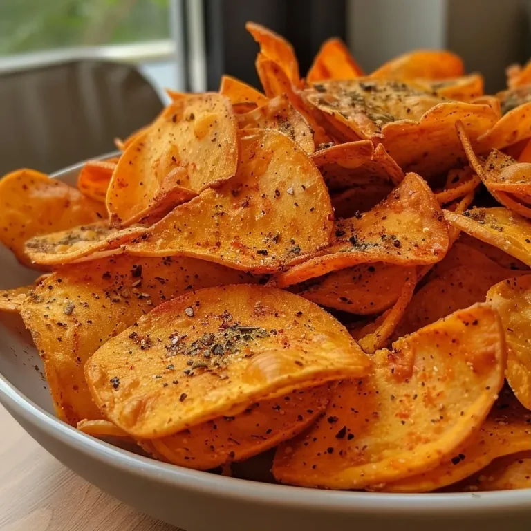 ['Close-up view of crispy Pikante Kürbischips, showcasing their texture and color.', 'Side view of golden-brown Pikante Kürbischips arranged on a plate.', 'Juicy Pikante Kürbischips with spices highlighted, displaying their crunchiness.', 'Detailed side shot of vibrant orange Kürbischips with seasoning visible.']