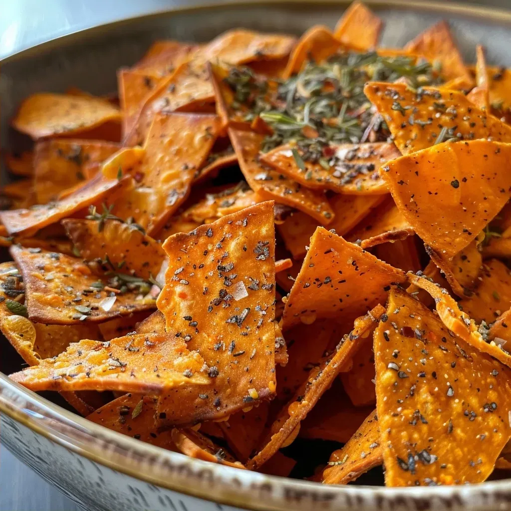 ['Close-up view of crispy Pikante Kürbischips, showcasing their texture and color.', 'Side view of golden-brown Pikante Kürbischips arranged on a plate.', 'Juicy Pikante Kürbischips with spices highlighted, displaying their crunchiness.', 'Detailed side shot of vibrant orange Kürbischips with seasoning visible.']