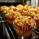 ['Close-up view of delicious Pikante Lauch-Muffins showing a golden-brown top with visible pieces of leeks and cheese.', 'Side view of Pikante Lauch-Muffins revealing a moist texture and rich color, sprinkled with cheese on top.', 'Juicy Pikante Lauch-Muffins displayed on a plate, highlighting their appetizing golden crust and ingredients.', 'Detailed image of Pikante Lauch-Muffins emphasizing the layers and ingredients like leeks and Gorgonzola cheese.']