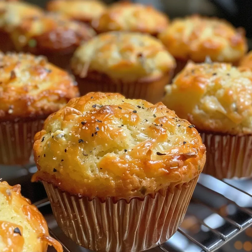 ['Close-up view of delicious Pikante Lauch-Muffins showing a golden-brown top with visible pieces of leeks and cheese.', 'Side view of Pikante Lauch-Muffins revealing a moist texture and rich color, sprinkled with cheese on top.', 'Juicy Pikante Lauch-Muffins displayed on a plate, highlighting their appetizing golden crust and ingredients.', 'Detailed image of Pikante Lauch-Muffins emphasizing the layers and ingredients like leeks and Gorgonzola cheese.']