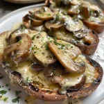 ['Close-up of a melted cheese and mushroom toast on sourdough bread.', 'Side view of a delicious mushroom cheese toast with herbs.', 'Juicy Pilz Käse Toast featuring mixed mushrooms and melted cheese.', 'Appetizing sourdough toast topped with golden melted cheese and sautéed mushrooms.']