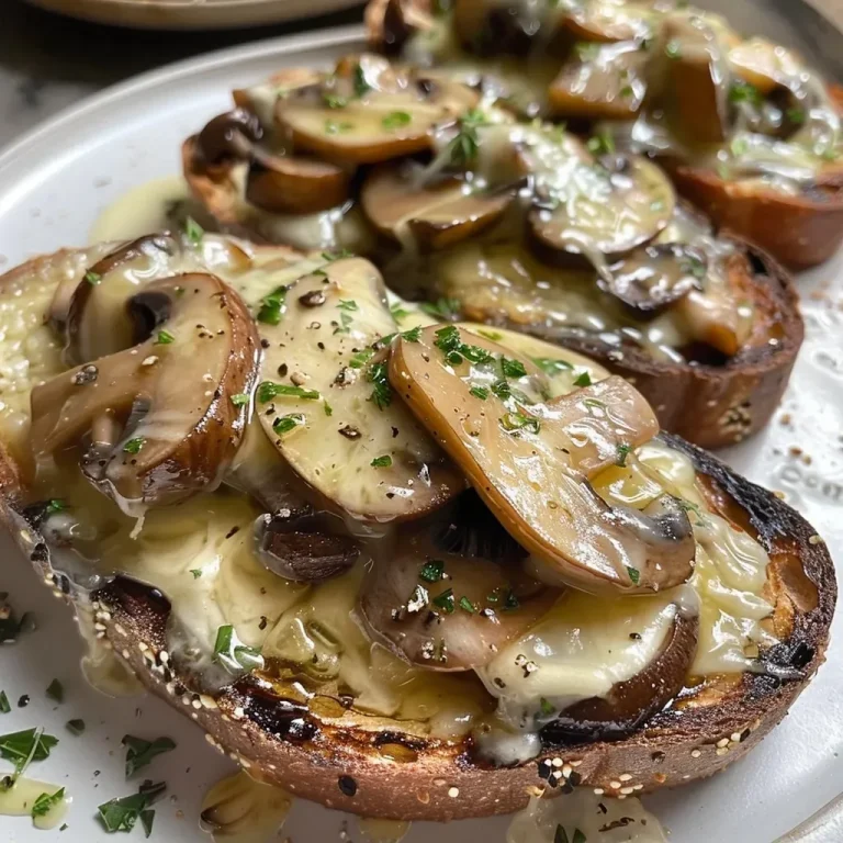 ['Close-up of a melted cheese and mushroom toast on sourdough bread.', 'Side view of a delicious mushroom cheese toast with herbs.', 'Juicy Pilz Käse Toast featuring mixed mushrooms and melted cheese.', 'Appetizing sourdough toast topped with golden melted cheese and sautéed mushrooms.']