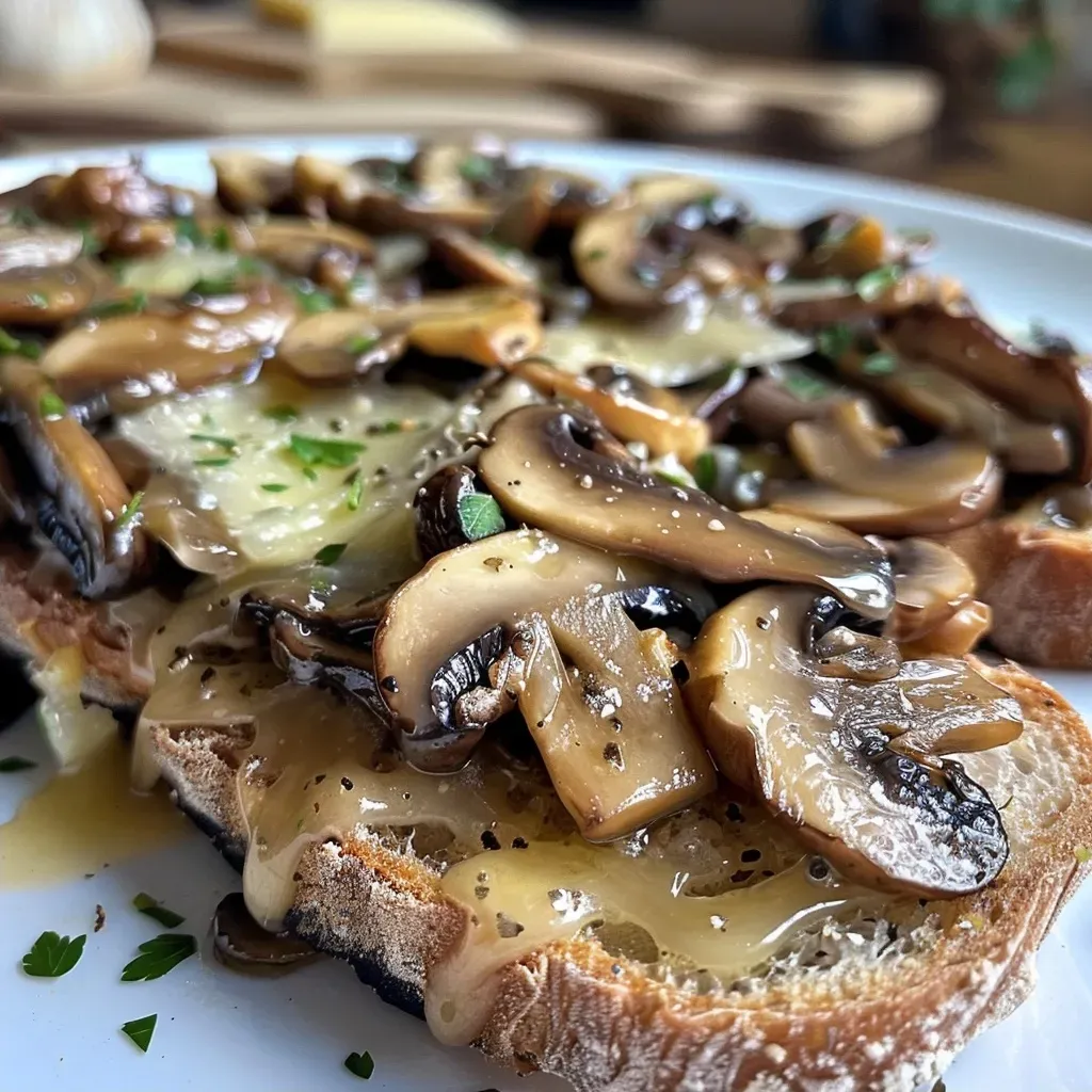 ['Close-up of a melted cheese and mushroom toast on sourdough bread.', 'Side view of a delicious mushroom cheese toast with herbs.', 'Juicy Pilz Käse Toast featuring mixed mushrooms and melted cheese.', 'Appetizing sourdough toast topped with golden melted cheese and sautéed mushrooms.']