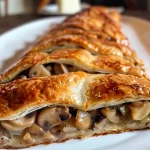 ['Close-up of a delicious Pilzstrudel with visible layers and filling.', 'Side view of a golden-brown Pilzstrudel showcasing its flaky crust and ingredients.', 'Juicy Pilzstrudel filled with mushrooms, ham, and onions on a plate.', 'Detailed image of Pilzstrudel highlighting its texture and savory filling.']