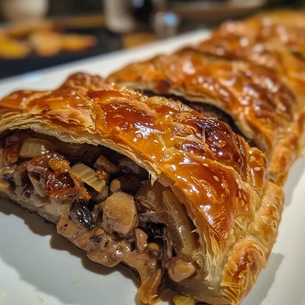 ['Close-up of a delicious Pilzstrudel with visible layers and filling.', 'Side view of a golden-brown Pilzstrudel showcasing its flaky crust and ingredients.', 'Juicy Pilzstrudel filled with mushrooms, ham, and onions on a plate.', 'Detailed image of Pilzstrudel highlighting its texture and savory filling.']