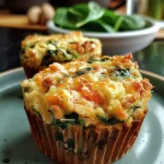 ['Close-up side view of protein muffins with salmon and spinach, showcasing their moist texture.', 'Two savory protein muffins featuring salmon and spinach, presented from a side angle.', 'A side shot of protein muffins stuffed with salmon and spinach, highlighting their appetizing appearance.', 'Side view of delicious protein muffins with spinach and salmon, emphasizing their rich colors.']