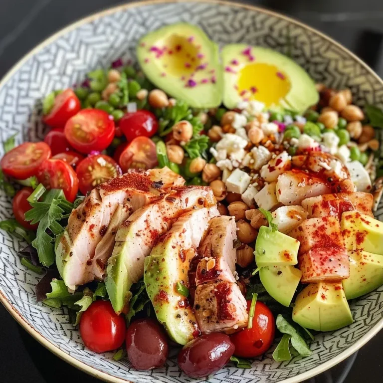 ['Close-up view of a vibrant protein salad featuring chicken, eggs, chickpeas, and fresh vegetables.', 'Side view of a colorful protein salad with layers of chicken, avocado, and cherry tomatoes in a bowl.', 'Detailed photo of a protein-packed salad topped with herbs, showcasing various ingredients like cucumbers and bell peppers.', 'Appetizing close-up of a nutritious salad, highlighting the colorful mix of vegetables, grains, and a creamy dressing.']
