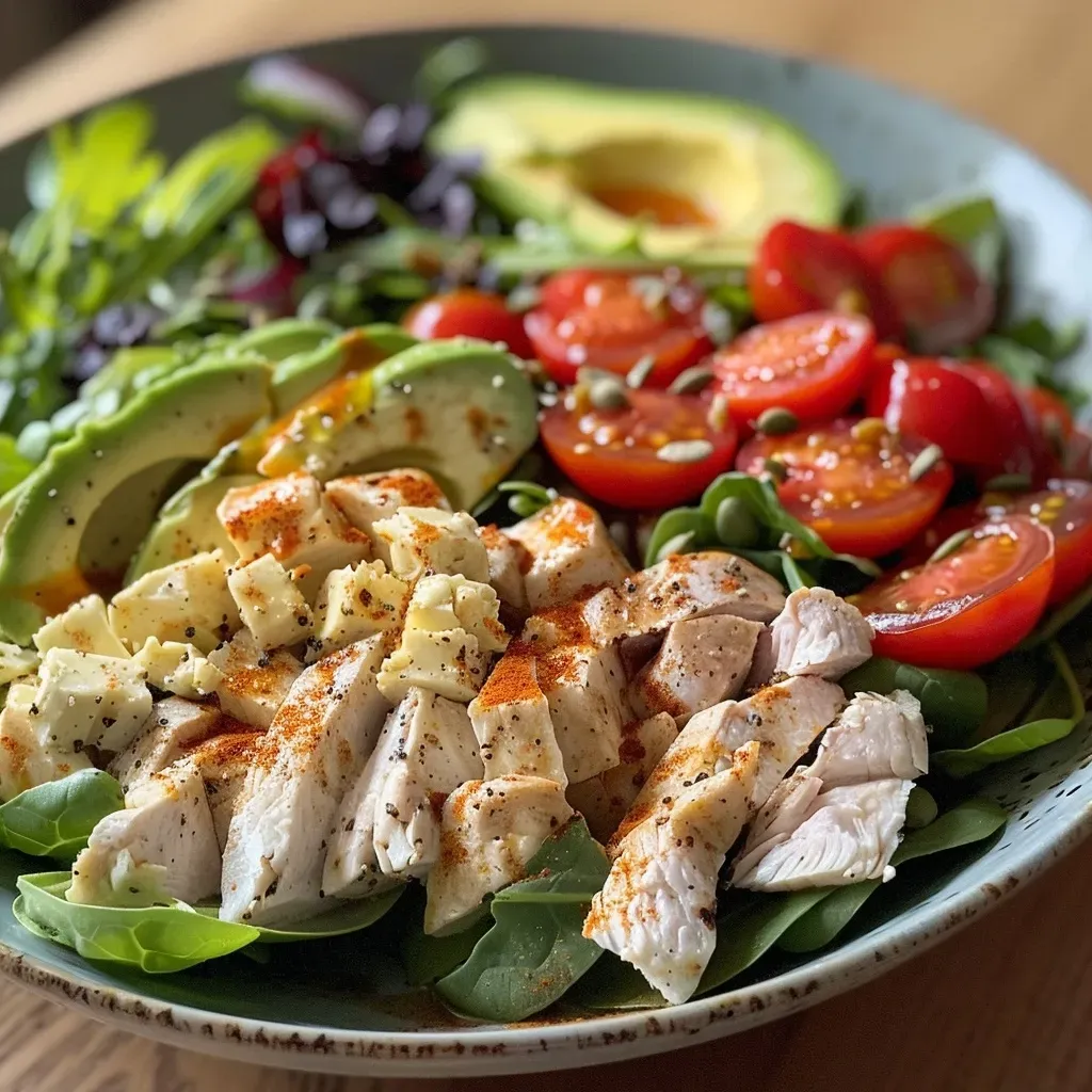 ['Close-up view of a vibrant protein salad featuring chicken, eggs, chickpeas, and fresh vegetables.', 'Side view of a colorful protein salad with layers of chicken, avocado, and cherry tomatoes in a bowl.', 'Detailed photo of a protein-packed salad topped with herbs, showcasing various ingredients like cucumbers and bell peppers.', 'Appetizing close-up of a nutritious salad, highlighting the colorful mix of vegetables, grains, and a creamy dressing.']