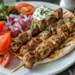 ['Close-up of juicy Puten-Souvlaki skewers served with roasted carrots and a fresh Spitzkohlsalat.', 'Side view of Puten-Souvlaki alongside vibrant roasted carrots and a colorful cabbage salad.', 'Detailed shot of marinated turkey skewers with carrots and green cabbage on a plate.', 'Savory Puten-Souvlaki with golden roasted carrots and a garnish of shredded white cabbage.']