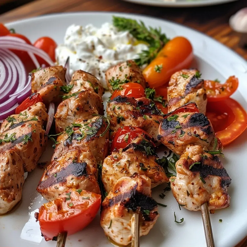 ['Close-up of juicy Puten-Souvlaki skewers served with roasted carrots and a fresh Spitzkohlsalat.', 'Side view of Puten-Souvlaki alongside vibrant roasted carrots and a colorful cabbage salad.', 'Detailed shot of marinated turkey skewers with carrots and green cabbage on a plate.', 'Savory Puten-Souvlaki with golden roasted carrots and a garnish of shredded white cabbage.']