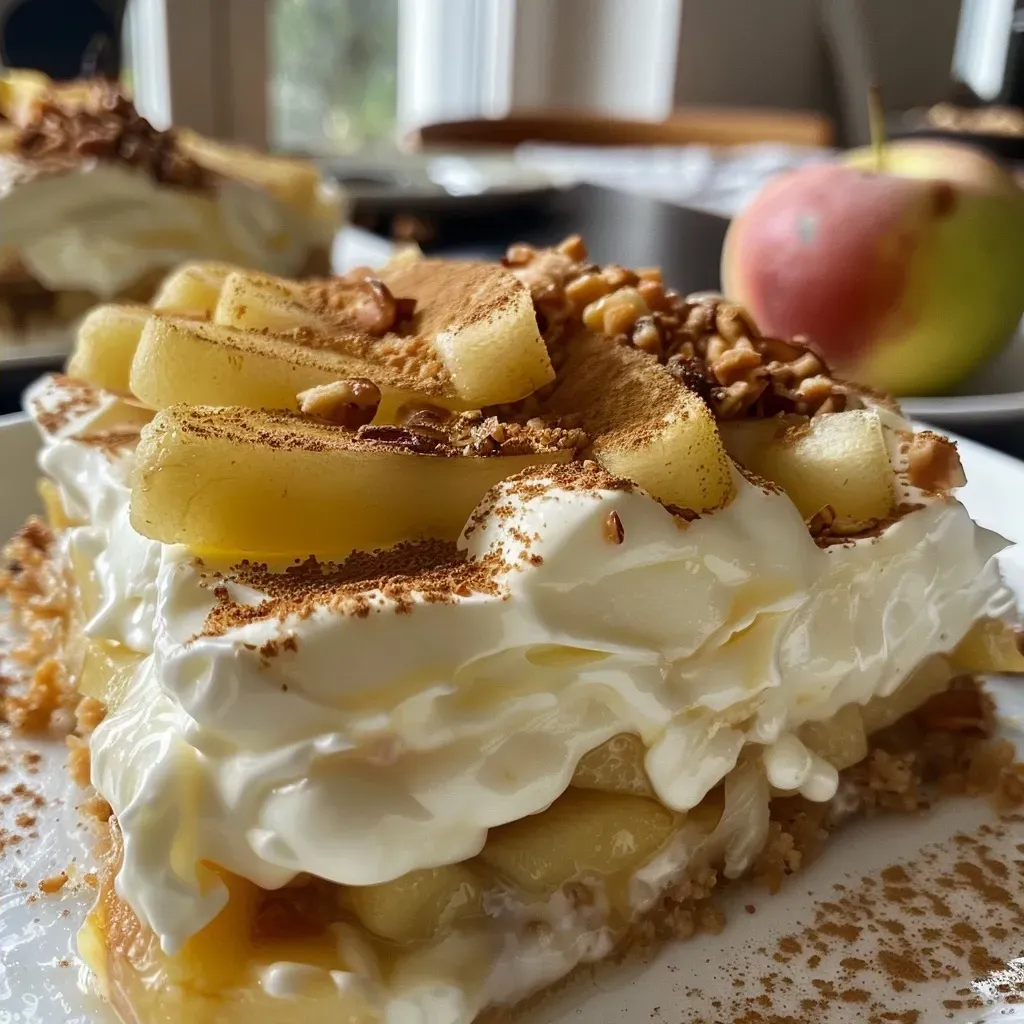 ['Close-up image of a layered Quarkauflauf with apples and cinnamon, served in a baking dish.', 'Side view of a delicious Quarkauflauf featuring grated apple and a sprinkle of cinnamon on top.', 'Juicy Quarkauflauf with a golden-brown crust, showcasing apple pieces and cinnamon.', 'A tempting dish of Quarkauflauf, highlighting the texture and ingredients of apple and cinnamon.']