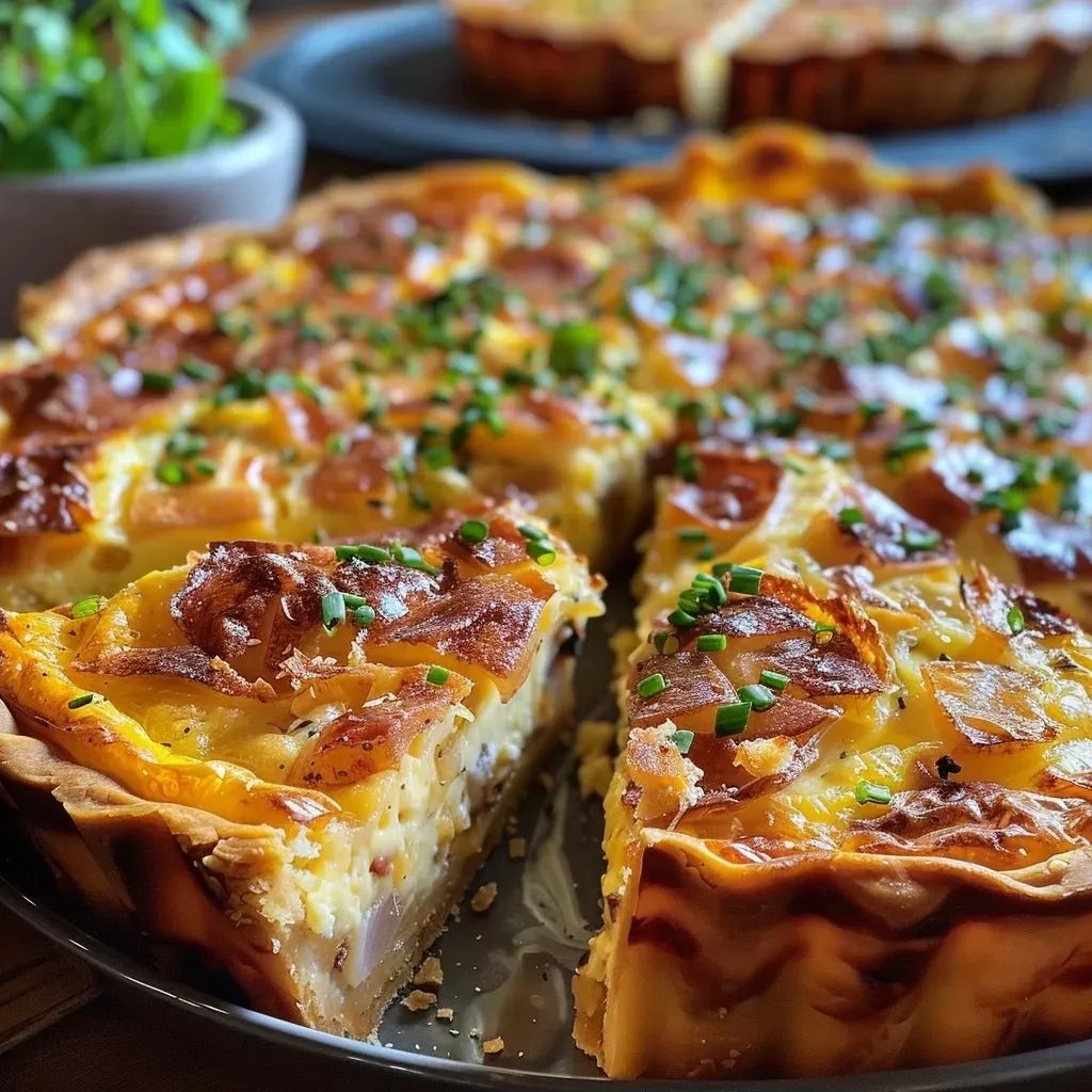 ['A close-up side view of a slice of Hokkaido pumpkin quiche, showcasing a golden crust and creamy filling.', 'A slice of delicious quiche made with Hokkaido pumpkin, featuring a rich, golden crust and colorful filling, photographed from the side.', 'Close-up of a Hokkaido pumpkin quiche slice, highlighting its flaky pastry and vibrant filling with herbs on top.', 'A savory quiche with Hokkaido pumpkin, displayed in a side view that emphasizes its rustic crust and creamy texture.']