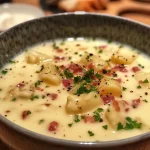 ['Close-up view of creamy quince soup topped with crispy bacon and drizzled with balsamic vinegar.', 'Side view of a bowl of Quittencremesuppe featuring bacon bits and a balsamic glaze.', 'Juicy quince soup garnished with parsley and pieces of smoked ham, captured in detail.', 'Deliciously presented quince soup with a rich consistency and flavorful toppings, shot with an iPhone.']