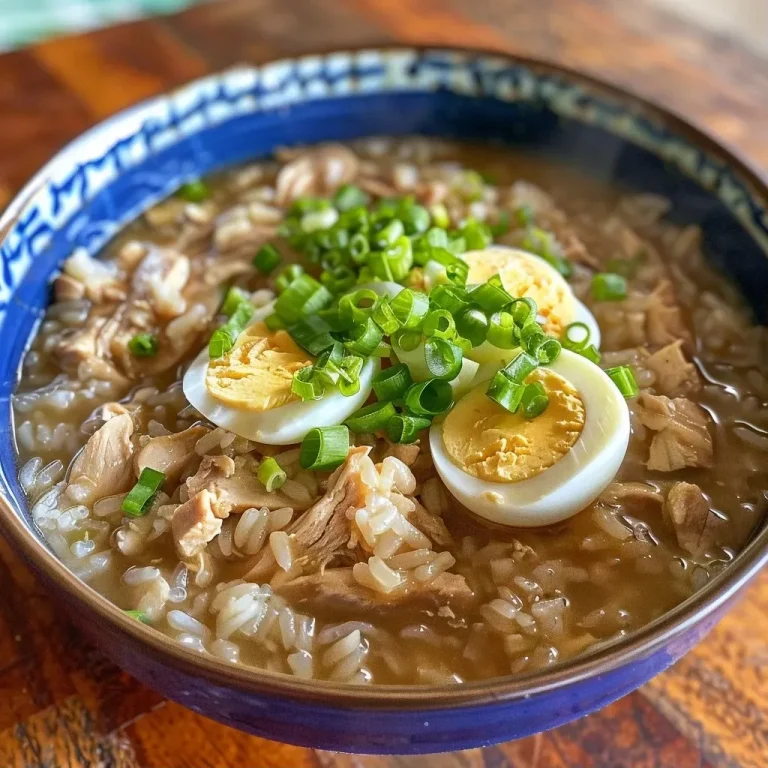 ['Close-up of rice porridge with garnishes and broth in a bowl.', 'A side view of creamy rice porridge topped with green onions and boiled eggs.', 'Juicy rice porridge in a bowl, showcasing its ingredients and texture.', 'Delicious Reisbrei served in a bowl, featuring onions and herbs.']