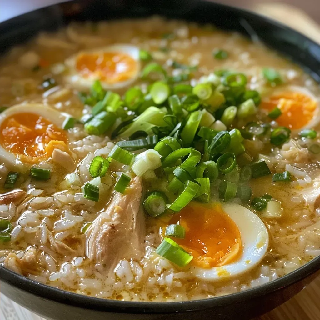 ['Close-up of rice porridge with garnishes and broth in a bowl.', 'A side view of creamy rice porridge topped with green onions and boiled eggs.', 'Juicy rice porridge in a bowl, showcasing its ingredients and texture.', 'Delicious Reisbrei served in a bowl, featuring onions and herbs.']