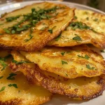 ['Close-up of delicious Reispapier Frühlingszwiebel Pfannkuchen with visible green onions.', 'Juicy and crispy Frühlingszwiebel Pfannkuchen made with rice paper, presented on a plate.', 'Side view of Reispapier pancakes filled with green onions, highlighting their golden texture.', 'Appetizing close-up of steaming Frühlingszwiebel Pfannkuchen drizzled with sauce.']
