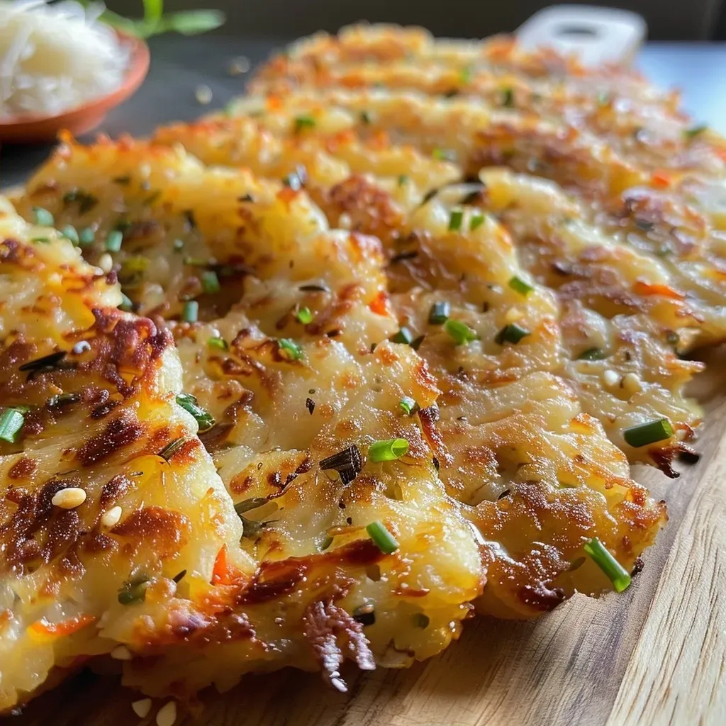 ['Close-up of delicious Reispapier Frühlingszwiebel Pfannkuchen with visible green onions.', 'Juicy and crispy Frühlingszwiebel Pfannkuchen made with rice paper, presented on a plate.', 'Side view of Reispapier pancakes filled with green onions, highlighting their golden texture.', 'Appetizing close-up of steaming Frühlingszwiebel Pfannkuchen drizzled with sauce.']