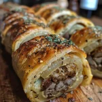['Close-up of a juicy Rinder-Kräuter-Rolle served on a bed of smooth potato-celery puree.', 'Side view photo of Rinder-Kräuter-Rolle, showcasing its herbs and juicy filling on creamy puree.', 'Gourmet dish featuring Rinder-Kräuter-Rolle with rich red wine sauce over potato-sellerie puree.', 'Detailed close-up of Rinder-Kräuter-Rolle, highlighting the freshness of herbs and velvety puree.']