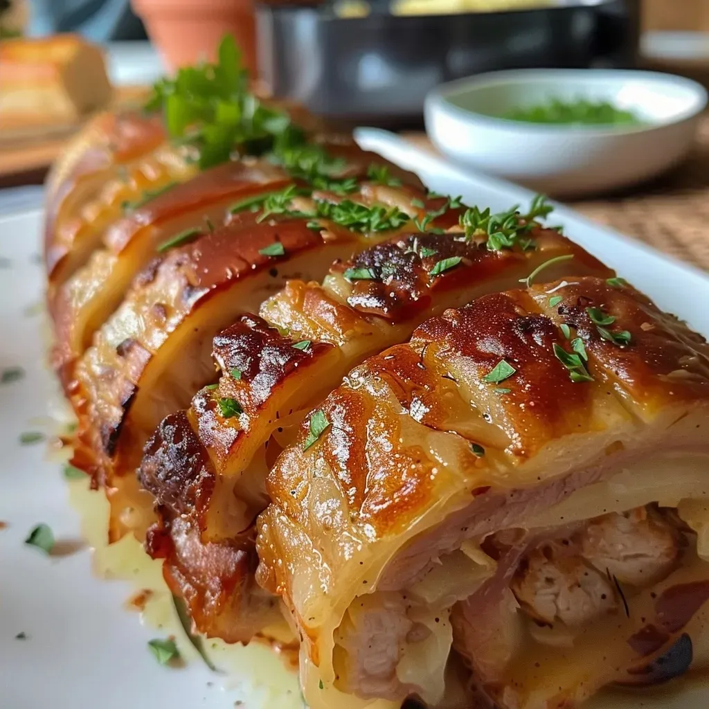 ['Close-up of a juicy Rinder-Kräuter-Rolle served on a bed of smooth potato-celery puree.', 'Side view photo of Rinder-Kräuter-Rolle, showcasing its herbs and juicy filling on creamy puree.', 'Gourmet dish featuring Rinder-Kräuter-Rolle with rich red wine sauce over potato-sellerie puree.', 'Detailed close-up of Rinder-Kräuter-Rolle, highlighting the freshness of herbs and velvety puree.']