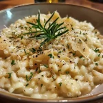 ['Close-up view of Risotto with plums and rosemary, showcasing creamy texture and vibrant colors.', 'Side view of a bowl of Risotto alle prugne e rosmarino, highlighting juicy plums and fresh rosemary.', 'Delicious Risotto with caramelized plums and a sprig of rosemary, set against a rustic background.', 'Creamy Risotto featuring diced plums and garnished with rosemary, captured in natural lighting.']