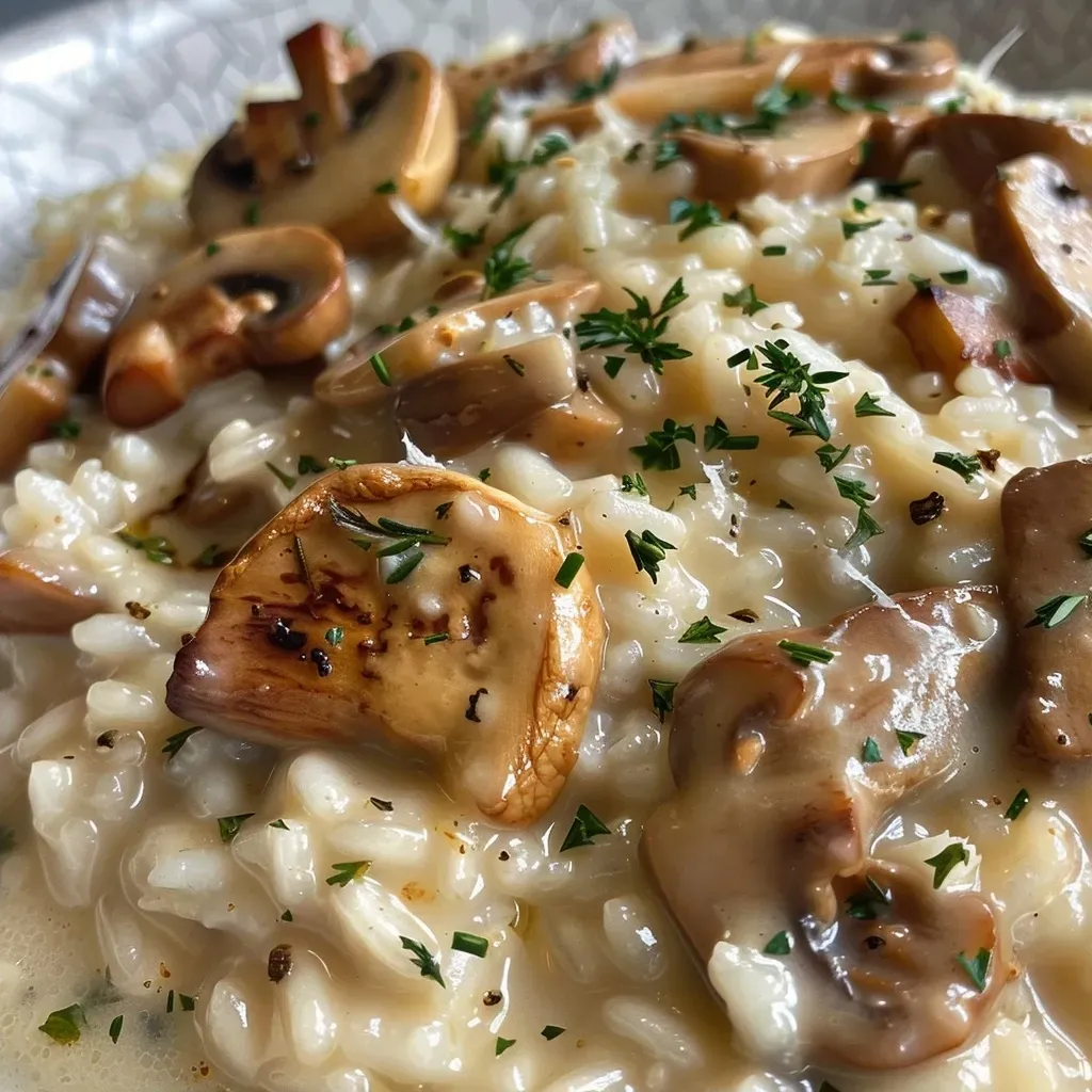 ['A close-up view of creamy risotto featuring mushrooms and walnuts, garnished with fresh herbs.', 'Side view of a delicious bowl of mushroom and walnut risotto, with melted Taleggio cheese visible.', 'A vibrant dish of Risotto ai Funghi Misti, highlighting the texture of the rice and toppings.', 'Juicy mushroom and walnut risotto served in a rustic bowl, showcasing its creamy consistency.']