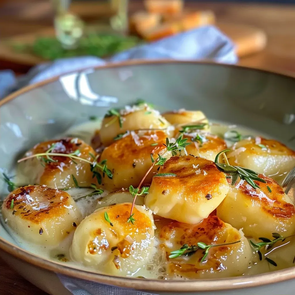 ['Close-up of a skillet with crispy Rosenkohl Gnocchi, garnished with herbs and nuts.', 'Side view of a vibrant dish featuring Gnocchi with Brussels sprouts and dried tomatoes.', 'Juicy Rosenkohl Gnocchi in a frying pan, showcasing a mix of colors and textures.', 'Detailed view of a delicious meal with Gnocchi, Brussels sprouts, and cheese resting in a skillet.']