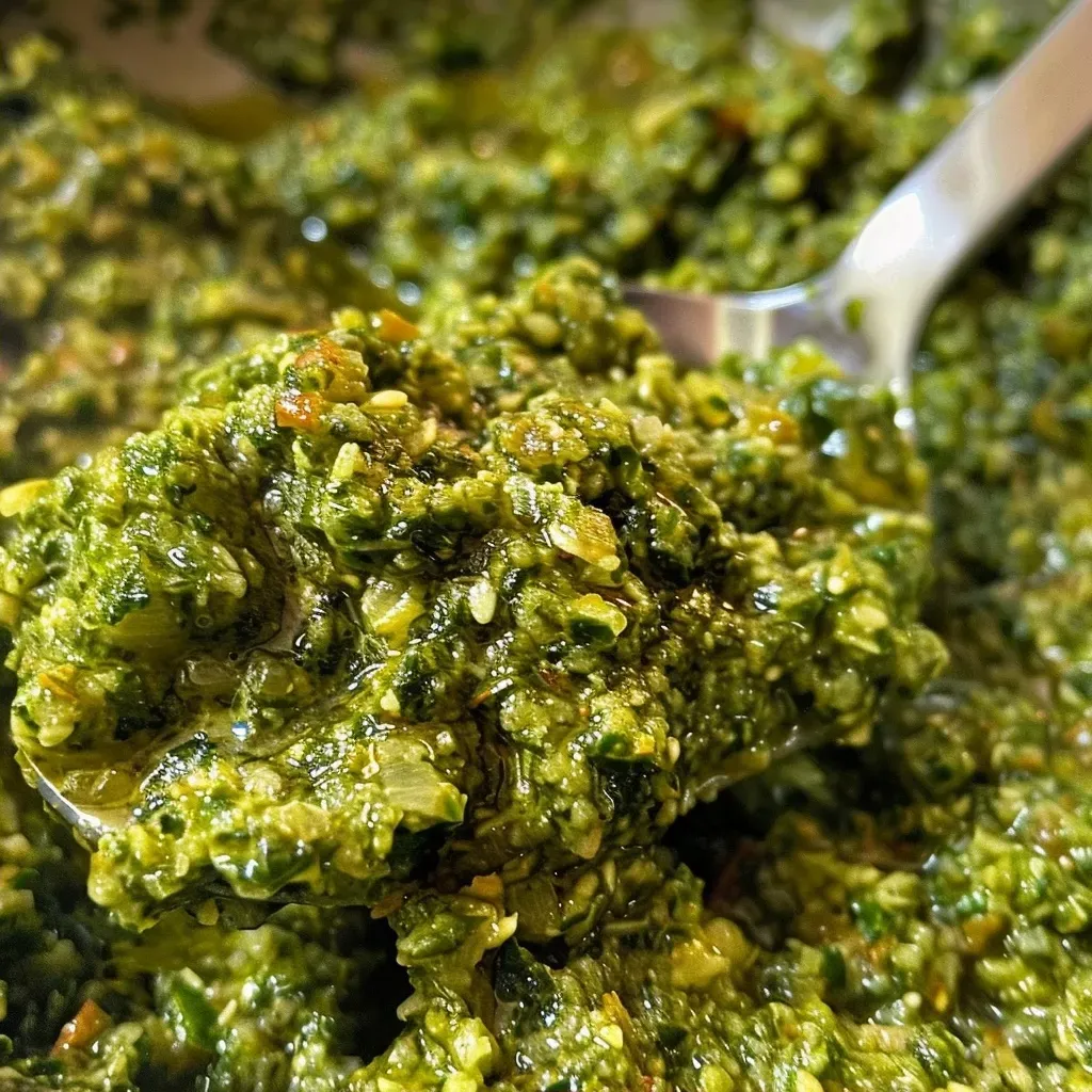 ['Side view of vibrant green Rosenkohl pesto in a bowl, showcasing its chunky texture.', 'Close-up image of freshly made Rosenkohl pesto with visible ingredients like basil and almonds.', 'Juicy and rich green Rosenkohl pesto spread thickly in a small dish, highlighting its freshness.', 'Detailed view of a creamy Rosenkohl pesto, garnished with basil leaves and almonds.']