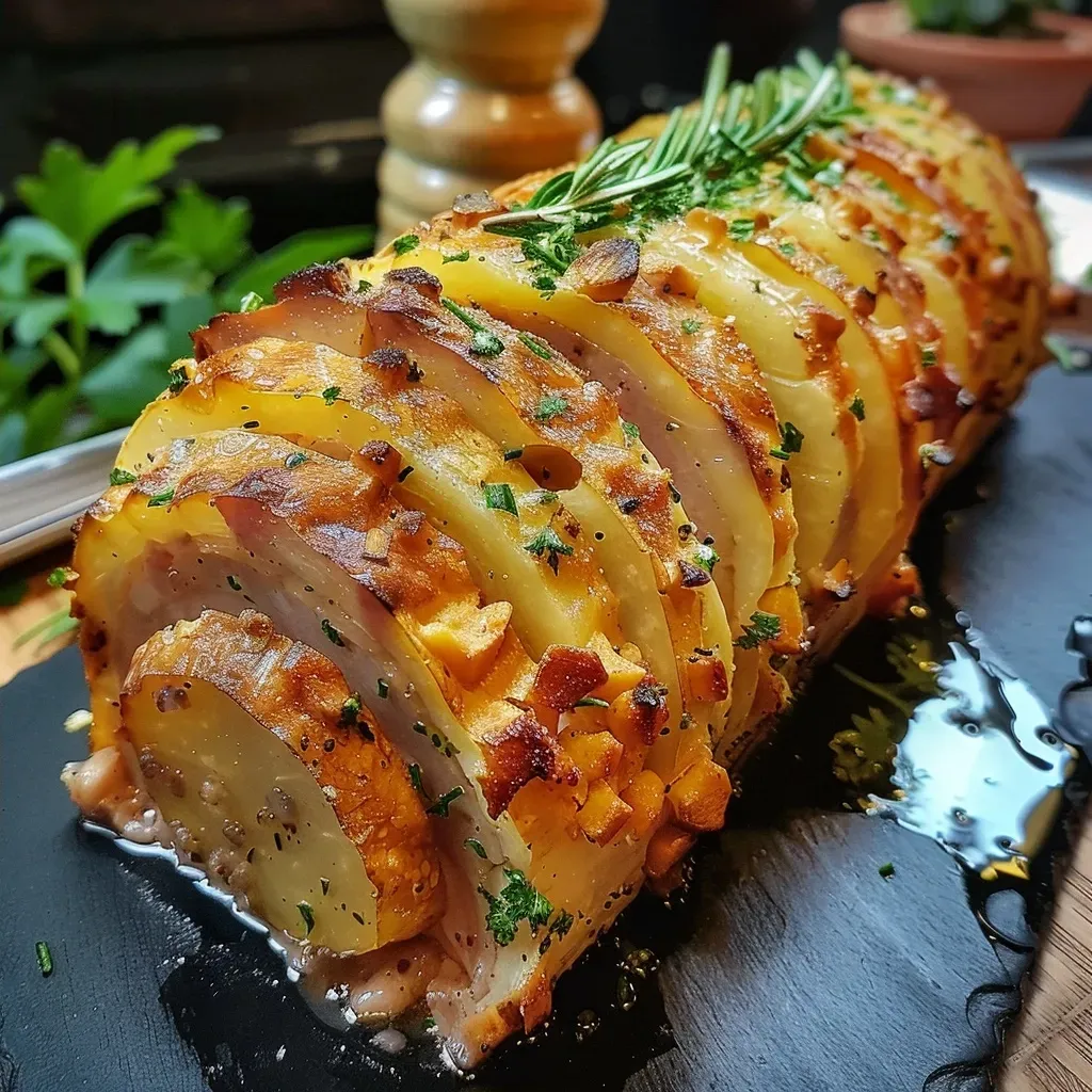 ['A close-up image of a creamy Rosenkohlauflauf with layers of Brussels sprouts, potatoes, and bacon.', 'Side view of a baked casserole featuring Brussels sprouts, potatoes, and cheese, garnished with herbs.', 'Juicy Rosenkohlauflauf displayed in a dish, showing the golden crust and bubbling cheese on top.', 'A mouthwatering casserole of Rosenkohl, potatoes, and speck, captured in vibrant detail.']