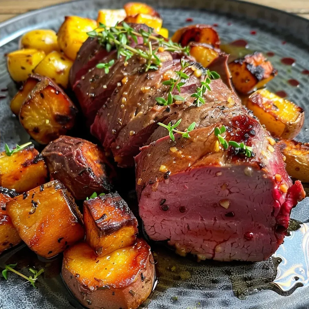 ['Close-up view of a vibrant red beet stew with potatoes in a bowl.', 'Side view of a delicious Rote Bete Eintopf featuring chunks of potato and beet.', 'Juicy Rote Bete Eintopf served in a rustic bowl, highlighting its rich colors.', 'Bowl of hearty red beet stew with potatoes, adorned with chopped chives on top.']
