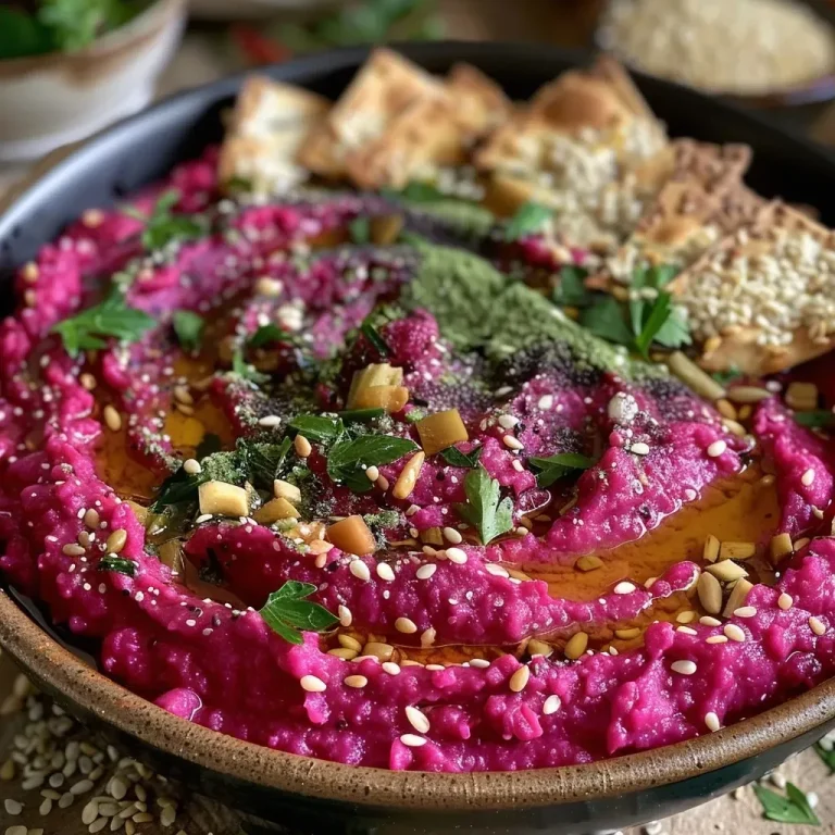 ['Close-up of vibrant red beet hummus in a bowl, garnished with parsley and sesame seeds.', 'Side view of creamy Rote Bete Hummus with a smooth texture and bright color, topped with olive oil and seeds.', 'Juicy Rote Bete Hummus served in a dish, showcasing a rich purple hue and fresh herb garnish.', 'Artistic presentation of beet hummus, highlighting its vibrant color and garnishes on a wooden surface.']