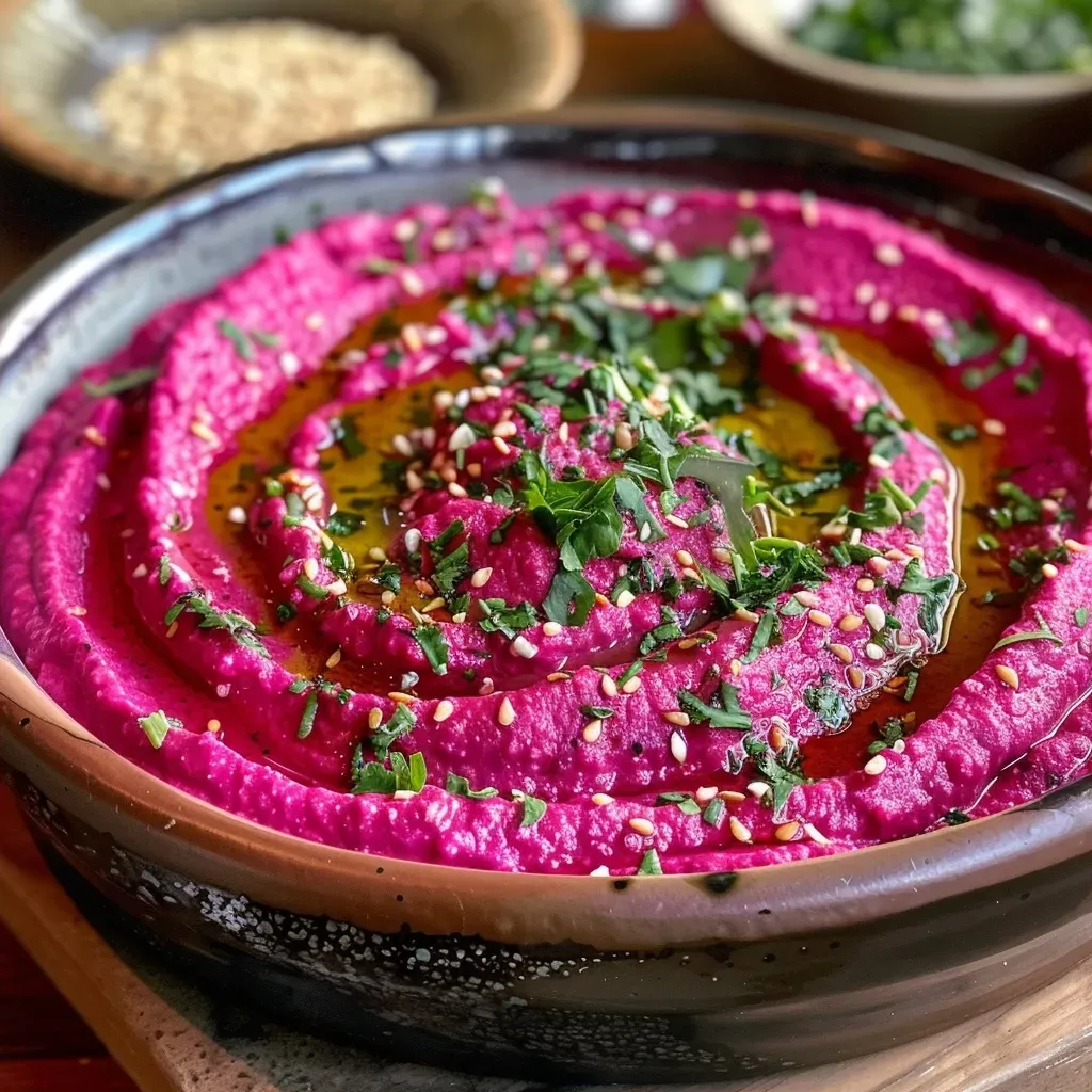 ['Close-up of vibrant red beet hummus in a bowl, garnished with parsley and sesame seeds.', 'Side view of creamy Rote Bete Hummus with a smooth texture and bright color, topped with olive oil and seeds.', 'Juicy Rote Bete Hummus served in a dish, showcasing a rich purple hue and fresh herb garnish.', 'Artistic presentation of beet hummus, highlighting its vibrant color and garnishes on a wooden surface.']
