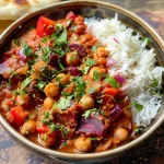 ['Close-up view of Beetroot, Chickpea, and Coconut Curry in a bowl.', 'Side perspective of a vibrant beetroot curry with chickpeas and coconut milk.', 'Juicy red beetroot and chickpea curry garnished with fresh coriander.', 'Colorful beetroot curry served with rice and coconut flakes in a bowl.']