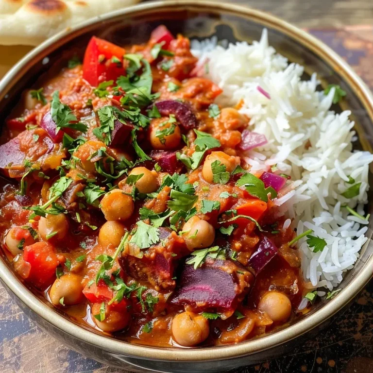 ['Close-up view of Beetroot, Chickpea, and Coconut Curry in a bowl.', 'Side perspective of a vibrant beetroot curry with chickpeas and coconut milk.', 'Juicy red beetroot and chickpea curry garnished with fresh coriander.', 'Colorful beetroot curry served with rice and coconut flakes in a bowl.']
