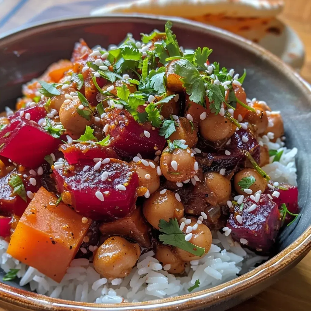 ['Close-up view of Beetroot, Chickpea, and Coconut Curry in a bowl.', 'Side perspective of a vibrant beetroot curry with chickpeas and coconut milk.', 'Juicy red beetroot and chickpea curry garnished with fresh coriander.', 'Colorful beetroot curry served with rice and coconut flakes in a bowl.']