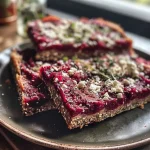 ['Close-up of a vibrant red beet pancake topped with crumbled feta and cucumber slices.', 'Side view of juicy Rote-Bete-Pfannkuchen showcasing its rich red color and garnishes.', 'A detailed shot of a beet pancake, revealing its texture and garnished with cucumber.', 'Brightly colored Rote Bete Pfannkuchen displayed with fresh toppings on a white plate.']