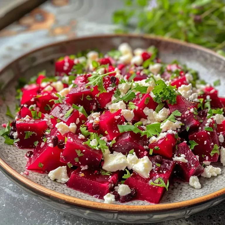 ['A colorful close-up of Rote Bete Salat featuring beets, feta cheese, walnuts, and arugula.', 'Side view of a vibrant salad made with fresh beets, feta, and nuts, served in a bowl.', 'Detailed shot of Rote Bete Salat highlighting ingredients like beets, walnuts, and arugula.', 'Close-up image of a delicious beet salad with feta cheese and walnuts against a neutral background.']