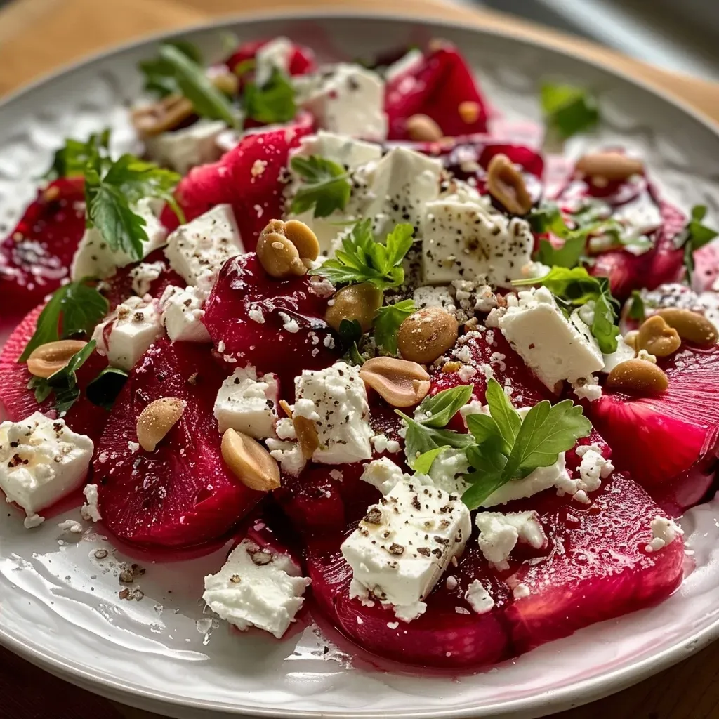 ['A colorful close-up of Rote Bete Salat featuring beets, feta cheese, walnuts, and arugula.', 'Side view of a vibrant salad made with fresh beets, feta, and nuts, served in a bowl.', 'Detailed shot of Rote Bete Salat highlighting ingredients like beets, walnuts, and arugula.', 'Close-up image of a delicious beet salad with feta cheese and walnuts against a neutral background.']