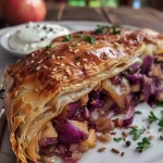 ['Close-up view of a sliced Rotkohlstrudel showcasing vibrant purple cabbage filling.', 'Side angle shot of a golden-brown Rotkohlstrudel revealing its juicy interior.', 'Detailed image of a Rotkohlstrudel, highlighting the texture and ingredients within.', 'Appetizing photo of a juicy Rotkohlstrudel, emphasizing its flaky pastry and colorful filling.']