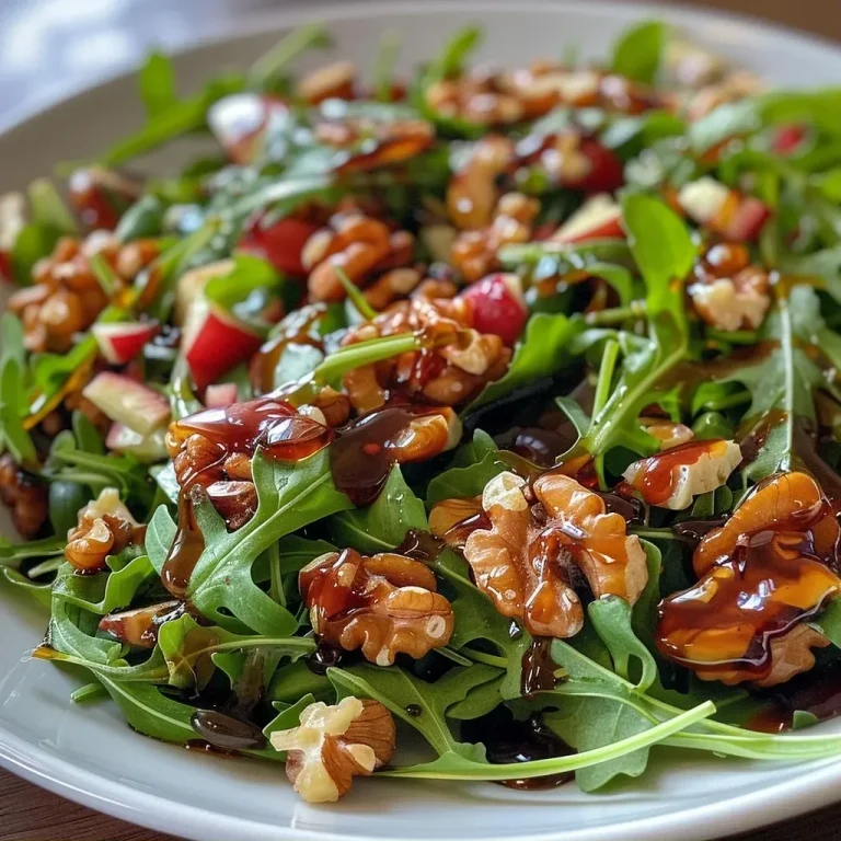 ['Close-up of a fresh arugula salad with pear slices and walnuts.', 'Side view of arugula salad garnished with pears and walnuts on a plate.', 'Juicy arugula salad featuring sliced pears and walnuts, captured in detail.', 'Vibrant arugula salad with pear and walnuts, highlighting fresh ingredients.']