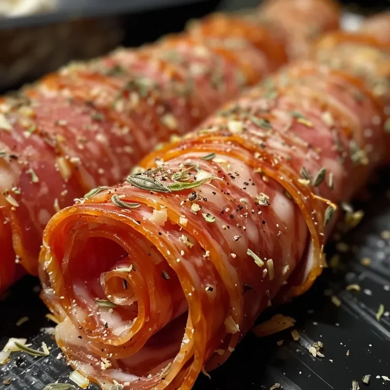 ['Close-up of Salami Roll-Ups featuring creamy filling.', 'Side view of Salami Roll-Ups arranged on a plate.', 'Juicy Salami Roll-Ups with cream cheese visible inside.', 'A delicious display of Salami Roll-Ups on a wooden table.']