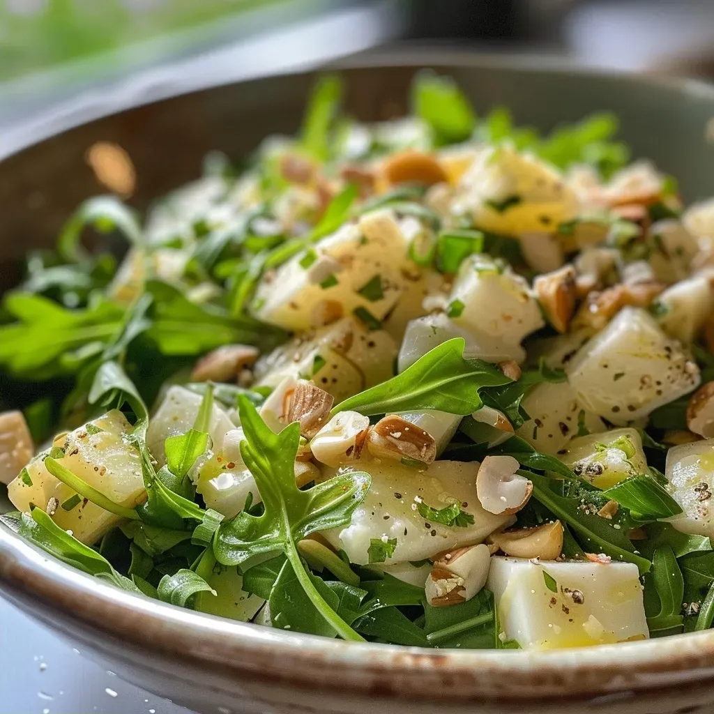 ['Close-up of a salad featuring figs and goat cheese, garnished with walnuts and red onion.', 