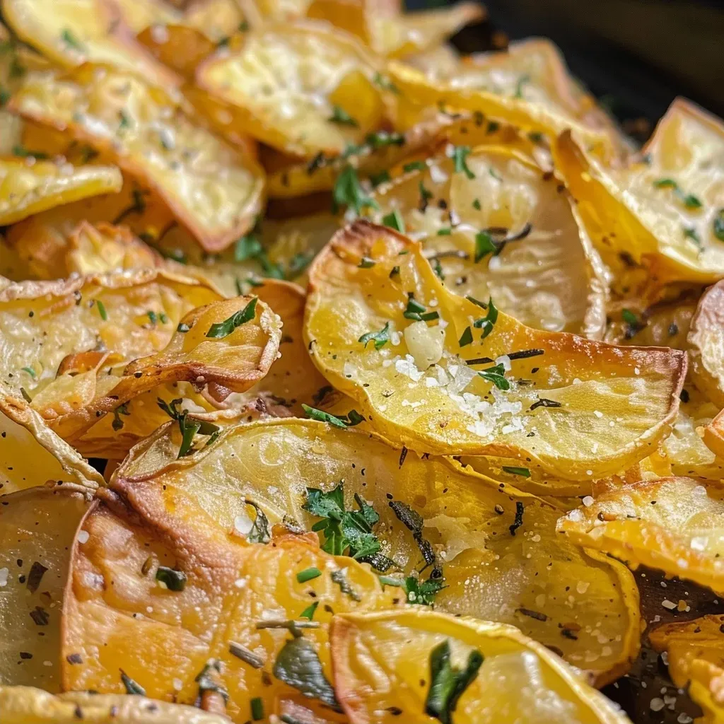 ['Close-up view of crispy roasted Brussels sprouts chips garnished with sea salt.', 'Side view of golden-brown Salzige Rosenkohlchips on a plate, highlighting their texture.', 'Juicy and crunchy Brussels sprout chips presented on a rustic surface, glistening with olive oil.', 'Deliciously seasoned Rosenkohlchips arranged artfully, showcasing their crispy edges.']