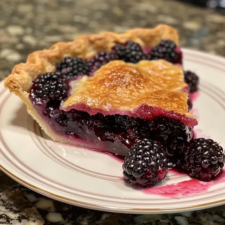 ['Close-up view of a homemade blackberry pie with a golden crust and juicy filling.', 'Side view of a freshly baked blackberry pie showcasing its rich berry filling and flaky crust.', 'A succulent blackberry pie displayed, highlighting the deep purple berries and flaky exterior.', 'Detailed image of an all-butter blackberry pie, emphasizing the fresh blackberries and baked top.']