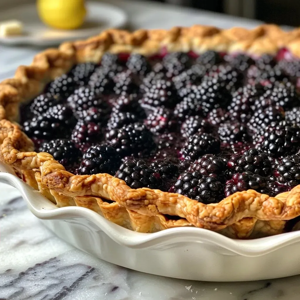 Close-up view of a homemade blackberry pie with a golden crust and juicy filling.