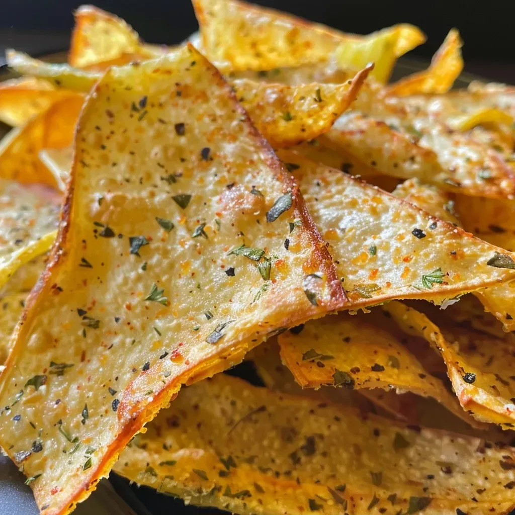 Close-up of golden brown celery chips, showcasing their crispy texture.